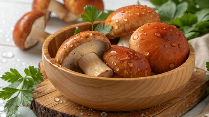 Fresh Wet Mushrooms with Water Droplets in Wooden Bowl Surrounded by Parsley on Wooden Board Creating Natural and Earthy Feel in Kitchen - Powered by Adobe