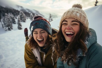 Two young women are enjoying a snowy day in the mountains, laughing and having fun