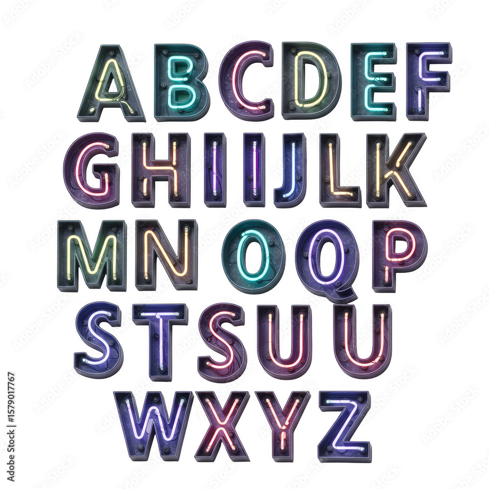 Fototapete neon alphabet letters glowing font typography with transparent background