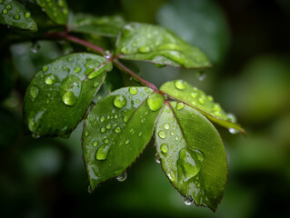 Macro Shot of Rain Droplets on Rose Leaves After a Light Shower