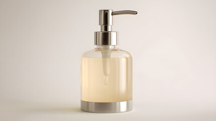 Elegant clear glass soap dispenser with brushed metal pump and base, filled with amber liquid.