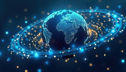 Abstract Digital Globe Blue & Gold Glowing Earth with Tech Rings