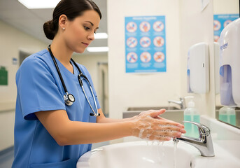 Nurse Practicing WHO Handwashing Steps at Hospital Sink