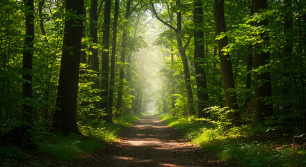 Obraz premium A serene forest path bathed in dappled sunlight filtering through the canopy, creating a peaceful and inviting natural landscape. 