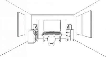 Fototapeta premium Small music studio with soundproofing panels line art hand drawing in plain white background