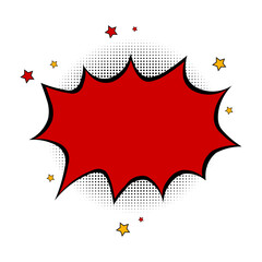 Comic-style speech bubble, with halftone effect and stars.