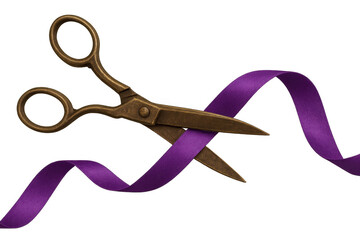 Vintage scissors slicing purple ribbon against transparent backdrop, symbolizing ceremonial inauguration moment