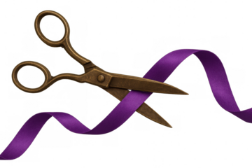 Vintage scissors slicing purple ribbon against transparent backdrop, symbolizing ceremonial inauguration moment