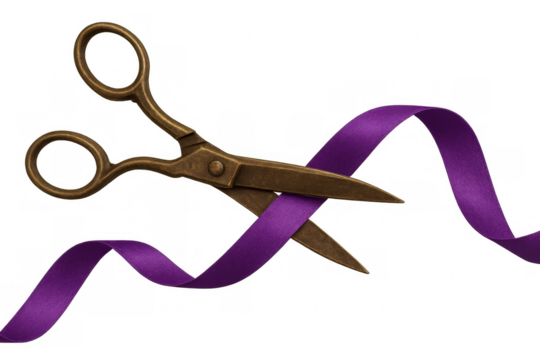 Vintage scissors slicing purple ribbon against transparent backdrop, symbolizing ceremonial inauguration moment