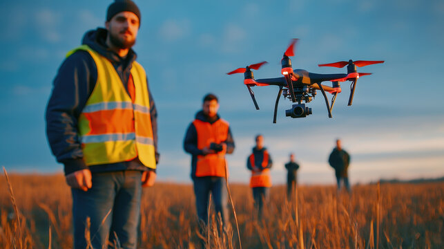Group of individuals in safety vests operates drone in field during sunset, showcasing teamwork and technology in action