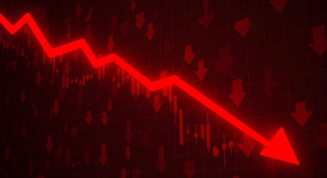 Red downward trend line with arrow and candlestick chart against a dark red background with arrows