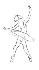 One continuous line drawing on white isolated background. Minimalism linear illustration. ballet, grace, person, dancer, elegance, dance, performance, performer, pose, ballerina