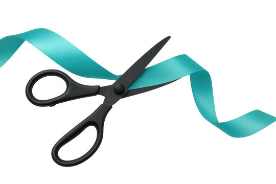 Black scissors cutting light blue ribbon, symbolizing ceremonial moment against transparent backdrop - Powered by Adobe