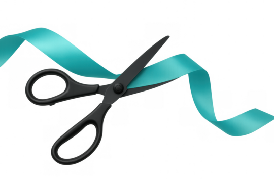 Black scissors cutting light blue ribbon, symbolizing ceremonial moment against transparent backdrop