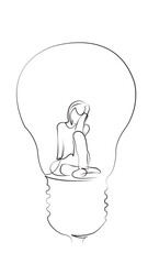 One continuous line drawing on white isolated background. Minimalism linear illustration. person, electric lamp, illuminated, indoor, night, concept, girl in the lamp