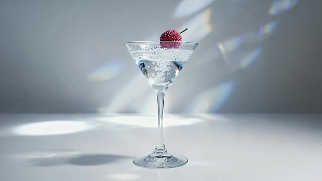 A martini glass filled with sparkling water, holding a single lychee fruit