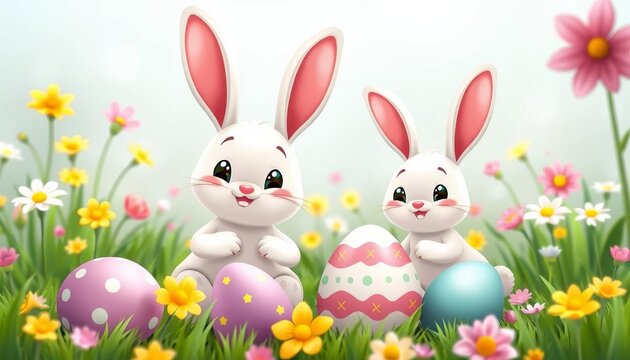 Cute cartoon bunnies, eggs, spring flowers, playful Easter egg hunt scene, cartoon, invitation