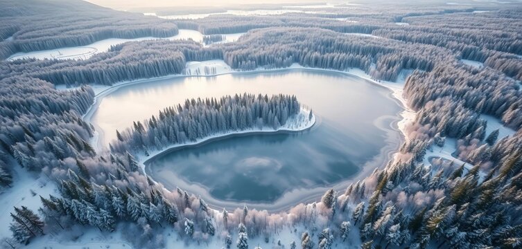 Frozen Kaltenberg Geltendorf lake, snow-covered Bavarian forest Aerial winter view, landscape, forest - Powered by Adobe