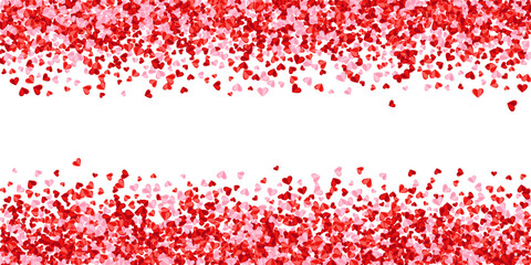 Red and pink scattered hearts vector border frame