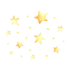 Golden stars with sparkle dots watercolor isolated illustration for kids design. Cute hand drawn midnights background with twinkling constellation. Template for baby print from fairy tale dreams theme