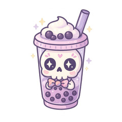 A cute, pastel purple bubble tea cup featuring a skull with sparkling eyes, topped with whipped cream and tapioca pearls, and a straw.