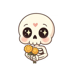 Cute cartoon skeleton with big sparkling eyes, rosy cheeks, and a heart on its forehead, holding two yellow flowers.