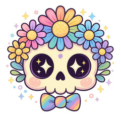 A cute cartoon skull with sparkling eyes, adorned with colorful flowers and a rainbow-striped bow tie.