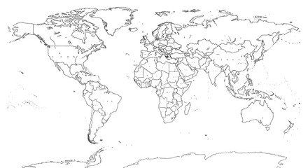Detailed Black and White World Map Outline with Country Borders and Names