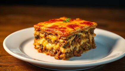 A generous slice of rich beef lasagne, golden brown cheese topping, on a white plate, Italian food, cuisine