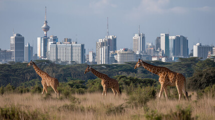 Nairobi skyline with giraffes in foreground