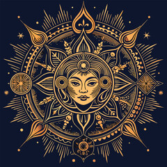 Golden Sun Face Mandala With Stars celestial intricate