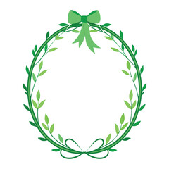 Green leafy oval frame with bow vector