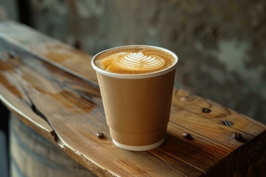 Creamy latte art coffee served in disposable cup sits on rustic wooden table, creating cozy cafe atmosphere