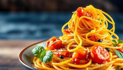 Al dente spaghetti coated in vibrant seafood sauce,  sauce,   plate