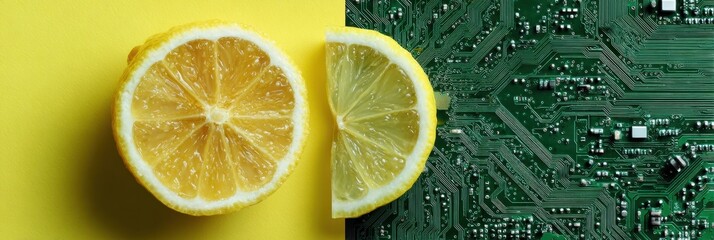Half Lemon Split With Digital Circuit Texture in a Conceptual Still Life Showcasing the Blend of Nature and Technology in a Vibrant Setting