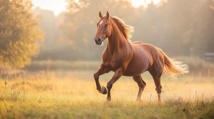 Golden sunrise, brown horse galloping