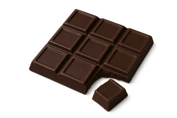 Delicious dark chocolate bar with a bite missing on transparent background