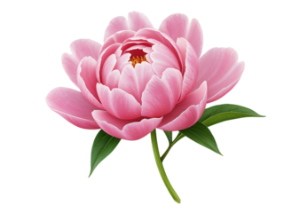 Beautiful pink peony flower with green leaves isolated on transparent background