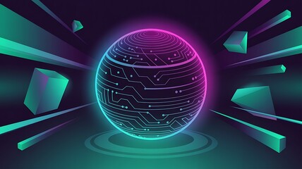 Futuristic Neon Sphere with Geometric Prisms on Dark Background