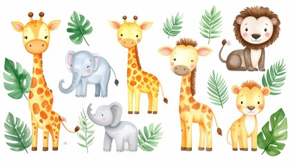 Naklejka premium Cartoon safari animals in watercolor style, set against colorful, whimsical jungle scenes.