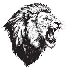 Vintage hand-drawn roaring lion illustration in classic bold line engraving black and white style