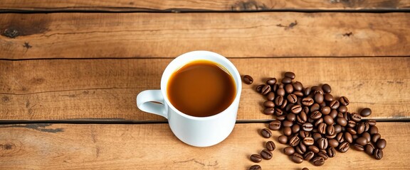 Obraz premium A rustic wooden table holds a steaming cup of coffee and scattered coffee beans, grain, rich
