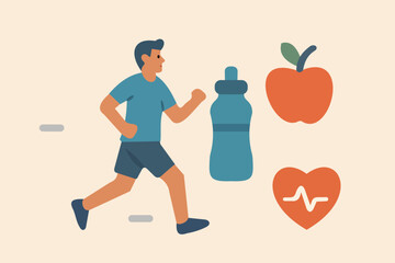 Healthy Lifestyle Illustrative Concept Featuring Fitness, Hydration, and Balanced Diet Elements