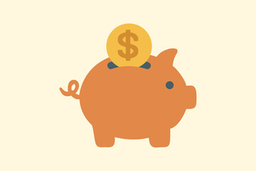 Stylized illustration of an orange piggy bank with a coin featuring a dollar sign, representing concepts of savings, financial planning, and investments. Simplistic design on a beige background