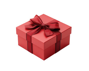 Obraz premium A square red gift box with a matching ribbon and bow on top isolated on black background