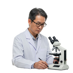 Realistic Image of an Asian Doctor Examining Microscope in Lab