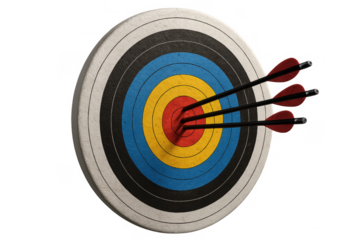 Three arrows hitting the center of archery target on transparent background