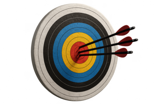 Three arrows hitting the center of archery target on transparent background