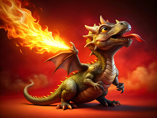 Obraz premium Firebreathing baby dragon on red background