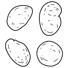 Set of hand drawn cartoon potatoes in black color, perfect for food-themed illustrations, educational materials, recipe graphics, and farm-related designs.